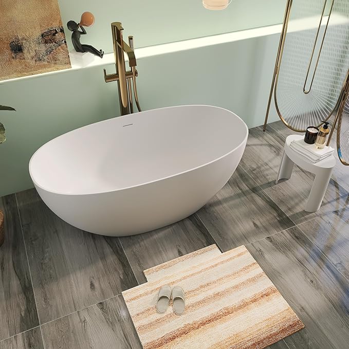 59" Premium Solid Surface Freestanding Bathtubs, Upgraded Matte White Modern Design Stand Alone Stone Resin Tub with Overflow and Pop-up Drain