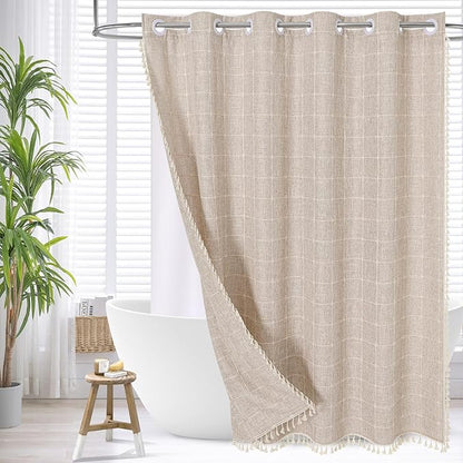 MitoVilla No Hooks Needed Boho Farmhouse Shower Curtain with Snap-in Liner, Cotton Linen Fabric Shower Curtains with Tassels for Rustic Neutral Bathroom Decor, Tan/Taupe, 72 x 74