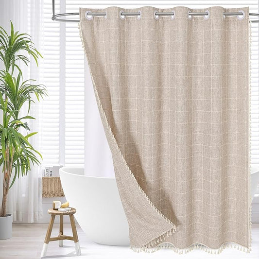 MitoVilla No Hooks Needed Boho Farmhouse Shower Curtain with Snap-in Liner, Cotton Linen Fabric Shower Curtains with Tassels for Rustic Neutral Bathroom Decor, Tan/Taupe, 72 x 74