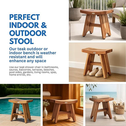 EcoDecors Teak Shower Bench 18", 300 lb Capacity – Waterproof Wood Bath Seat for Adults - Compact Spa Stool for Small Bathrooms & Walk-in Showers with Slip-Resistant Feet