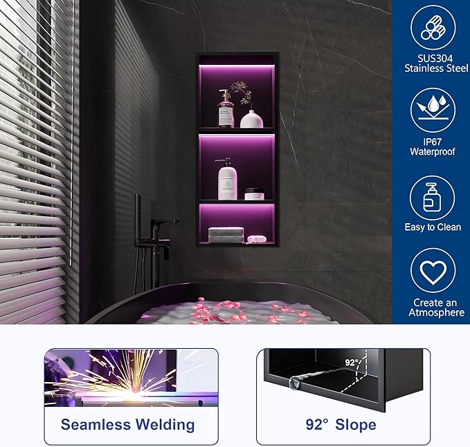 3-Tiers 12x30Inch Wall Niche with RGB LED Lights, Matte Black Recessed Shower Niche Cabinet, Stainless Steel Bathroom Shelf, NO Tile Needed Storage Organizer for Shower Wall