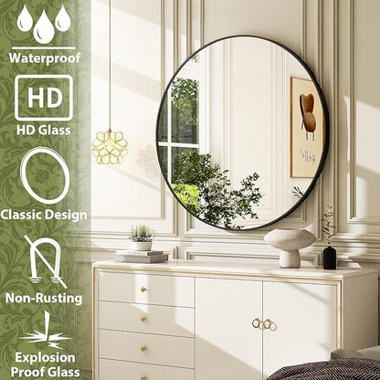 24 Inch Round Bathroom Mirror - Black Wall Mounted Circle Mirror with Metal Frame, Modern Round Hanging Mirror Suitable for Bathroom, Vanity, Entryway, Living Room