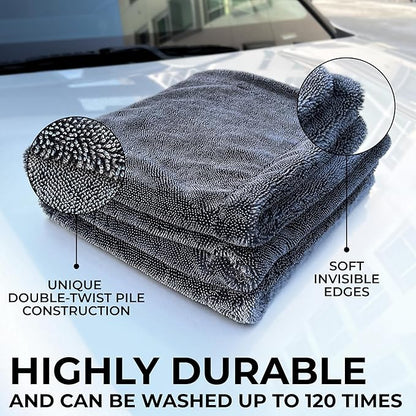 Large Car Drying Towel, 1300 GSM Professional Car Towel with Double Twisted Loop,Super Absorbent Large Microfiber Drying Towels for Cars, Trucks, SUVs - 20"x26", Gray