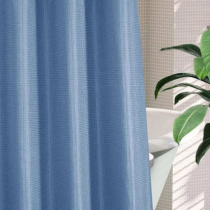 MitoVilla No Hooks Needed Blue Waffle Shower Curtain Liner Set, Modern Waffle Weave Heavy Duty Fabric Cloth Shower Curtain with Snap-in Liner for Luxury Neutral Hotel Spa Bathroom Decor