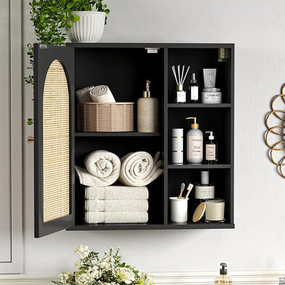 Rattan Bathroom Wall Cabinet, Boho Medicine Wall Cabinets with Door and Adjustable Shelves, Tall Kitchen Wall Mounted Storage Cabinet, Floating Hanging Cabinet Space Saver for Laundry Room,Black