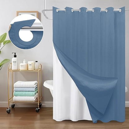 Inhousolu No Hook Waffle Weave Shower Curtain with Removable Snap in Fabric Liner Set for Bathroom, 230 GSM Heavy Duty Weighted Hem Water Repellent Washable Bath Curtains, 72 x 78 Inch, Moonlight Blue