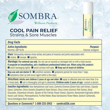 Sombra Cool Pain Relief Gel Cold Pain Relief for Swelling, Growing Pains, Soreness, Post-Workout, Vegan Formula Free of Artificial Fragrances, Dyes, NSAID, Wax, Petroleum, Alcohol - 3oz Roll-On