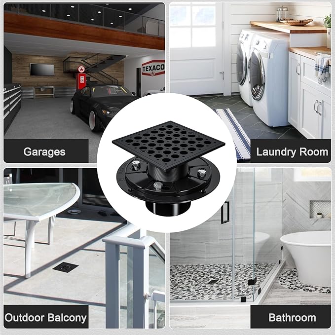 Uni-Green 4 Inch Shower Floor Drain with Flange, Square Shower Drain kit with Hair Strainer, Removable Octagon Strainer Cover, SUS 304 Stainless Steel & CUPC Certified - Matte Black