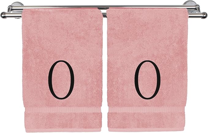 Monogrammed Hand Towel, Personalized Initial Gift, Extra Absorbent 100% Turkish Cotton - Soft Terry Finish - Set of 2 - Black Block Initial O - Embroidered on Pink Towels