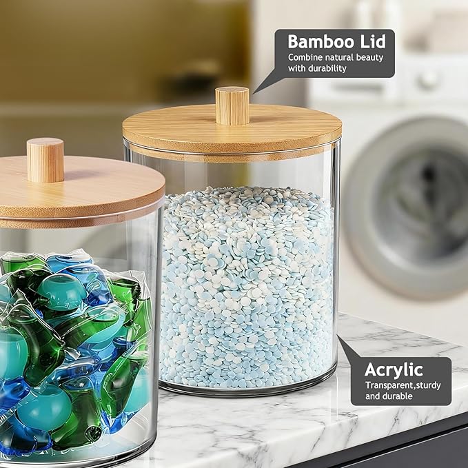 SheeChung 3 Pack 50 Oz Large Apothecary Jar with Bamboo Lid, Laundry Pods Container, Storage Jars for Bathroom Organization, Plastic Canisters with Cute Stickers Spoons(Natural)
