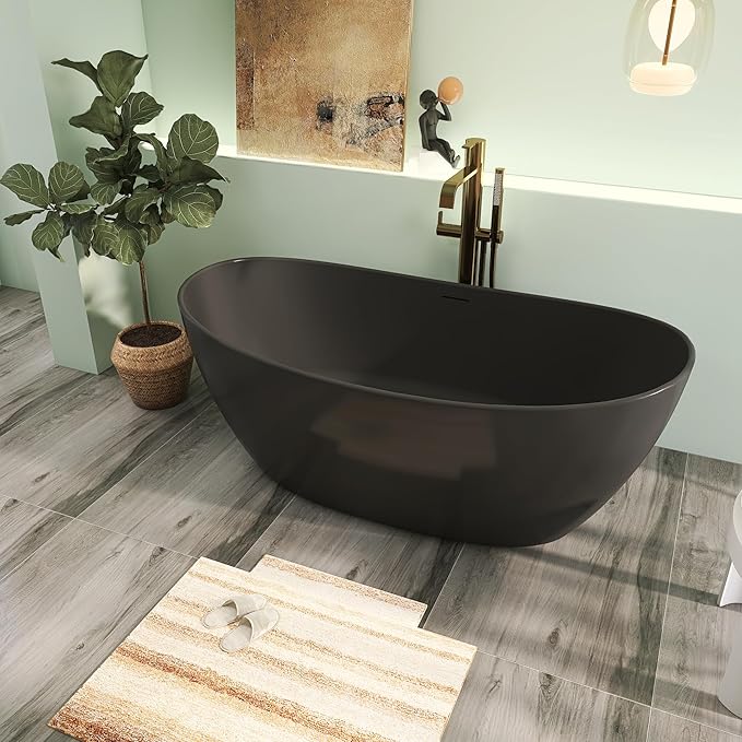 65" Premium Solid Surface Freestanding Bathtub, Upgraded Modern Design Stand Alone Tub with Overflow and Pop-up Drain, Matte Black