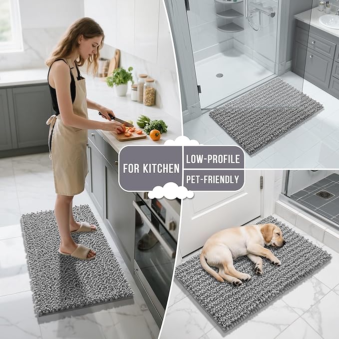 Yimobra Gray Bathroom Rugs Sets 2 Piece - Luxury Chenille Shaggy Bath Mat, Super Absorbent & Non Slip & Quick Dry, Soft Thick Bathroom Carpet for Tub Shower Floor, Machine Washable, 44x24+24x17 Inch