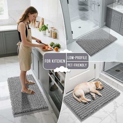 Yimobra Bathroom Rugs Sets 2 Piece - Quick Dry Extra Thick Luxury Chenille Bath Mat, Non Slip Super Absorbent for Tub Shower Sink, Machine Washable Shaggy Floor Mat, 24"x17+24"x20" Inch, Grey