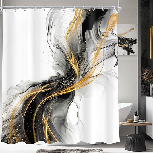 Cinbloo Black and Gold 60Wx72H Shower Curtain Abstract Modern Ombre Grey Golden Marble Minimalist Ink Texture Bathroom Curtain Set Elegant Chic Luxury Men Neutral Bath Bathroom Accessories Decor