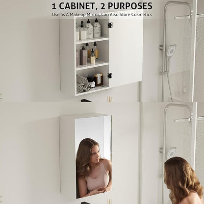 eclife 24" Bathroom Medicine Cabinet W/Mirror, Single Door Bathroom White Wall Mount Mirror Cabinet, Hanging Triple Shelf Storage Cabinet Opens Left and Right