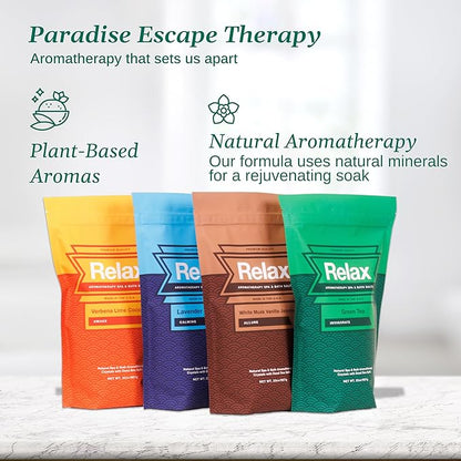 Relax Spa & Bath, Epsom & Dead Sea Salts, Aromatherapy Bath Salts for Hot Tub, Bath, or Spa, Infused with Magnesium, 4 Pack, Escape Therapy