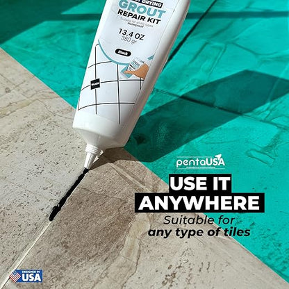 PentaUSA Tile Grout - 13.4 oz Black Grout Filler Repairs Renews Tube, Fast Drying Grout Repair Kit, Odorless Formula - Grout Floater Included (Black 13.4oz / 380gr)