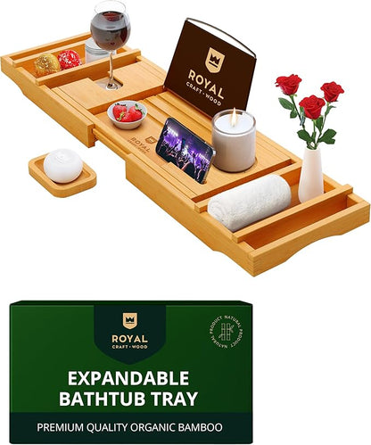 Non-Foldable Bathtub Tray Caddy for Tub, Bamboo Bath Shelf, Premium Wood Bath Table, Expandable Bathtub & Bathroom Accessories, New Home Gifts for Mom, Housewarming, Anniversary