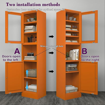 COFaR 67" Tall Metal Bathroom Storage Cabinet,6-Tier Narrow Cabinet with Glass Doors and Adjustable Shelves,Linen Cabinet for Small Spaces,Tall Cabinet for Bathroom,Living Room,Orange