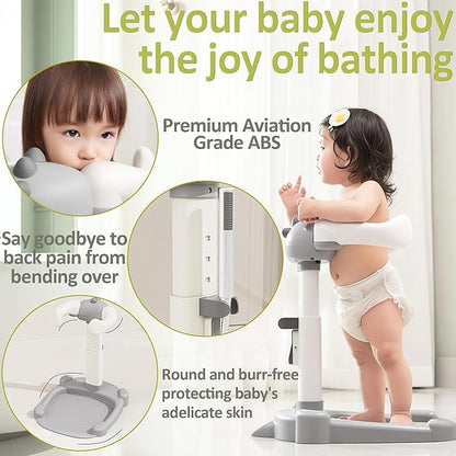Baby Shower Stand, Baby Standing Bath with Anti-Pinch Adjustable Height and Armrest, Shower Standing Support with Anti-Slip Base and Mat for Infants 6-36 Months -Green