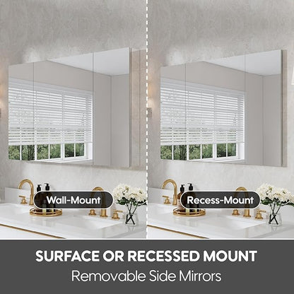 WELLFOR 48" x 30" Rectangle Medicine Cabinet Mirror, Surface Mount or Recessed Medicine Cabinet with Tempered Mirror, Anodized Chrome Aluminum Frame, Bathroom Mirror with Storage