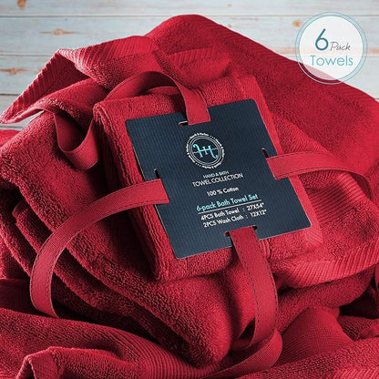 Hearth & Harbor Bath Towels for Bathroom - 100% Ring Spun Cotton Luxury Bathroom Towels - Ultra Soft & Highly Absorbent, Bath Towels Set of 6 - Burgundy Red
