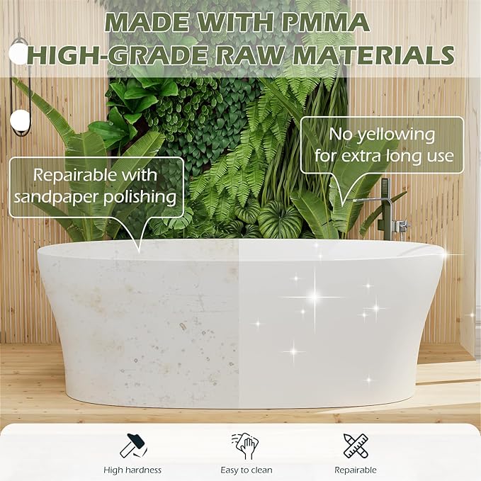GIVINGTREE 63'' Freestanding Solid Surface Resin Stone Bathtub, Contemporary Design Stand Alone Tub with Pop-up Drain and Overflow, cUPC Certified (PO1072-White)