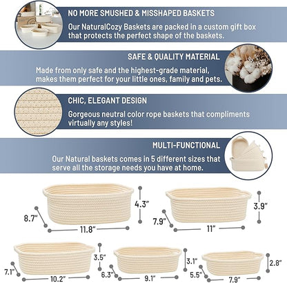NaturalCozy 5-Piece Rectangle Storage Basket Set- Natural Cotton Rope Woven Baskets for Organizing! Small Basket for Montessori, Baby Nursery, Dog Toy Baskets, Cat Toy Box, Bathroom Organization Bin