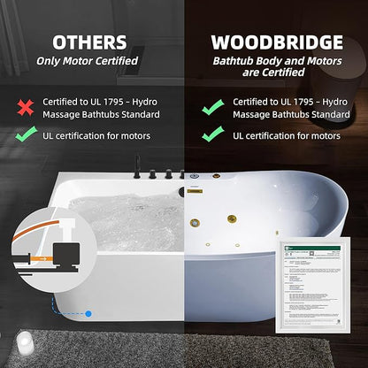 WOODBRIDGE 72" x 35-3/8" Whirlpool and Air Bath Heated Soaking Combination Tub with Adjustable Speed Air Blower and Display Control Panel, Brushed Gold Finish Trim and Drain Kit, BG400