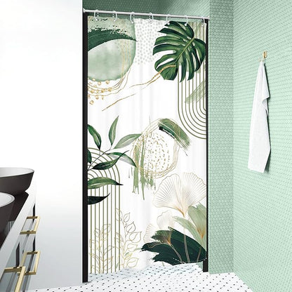 Small Stall Boho Shower Curtain 36Wx72H RV Sage Green Modern Mid Century Bohemian Abstract Palm Leaves Tropical Bathroom Decor Half Narrow Standing Bath Curtain Fabric Polyester 7 Pack Hooks
