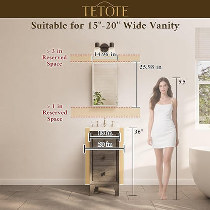TETOTE 15 x 26 Bathroom Mirror with Storage with Tempered Beveled Mirror Silver Medicine Cabinet Aluminum Cabinet DTC Hinges, Stepless Adjustable Shelves, Recessed/Surface-Mounted