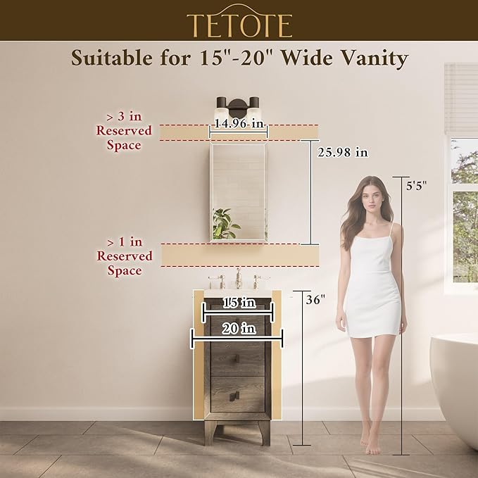 TETOTE 15 x 26 Medicine Cabinet with Tempered Beveled Mirror Black Bathroom Mirror with Storage Aluminum Cabinet DTC Hinges, Stepless Adjustable Shelves, Recessed/Surface-Mounted