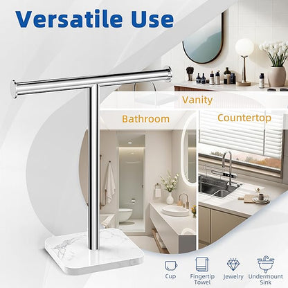 RUACQ Hand Towel Holder, T-Shape Free Standing Hand Towel Holder Stand with Marble Base, 304 Stainless Steel Hand Towel Stand for Bathroom Kitchen Vanity Countertop(Chrome)