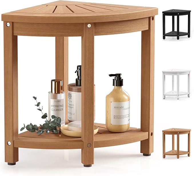 Waterproof Corner Shower Stool for Inside Shower, Poly Lumber Shower Bench Seat Chair, Bath Shower Stool for Shaving Legs Foot Rest with Storage Shelf, Adjustable & Non-Slip Feet, Teak Brown