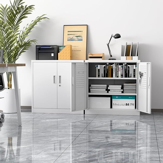 Aobabo 31.5" H Metal Storage Cabinet with 2 Shelves, Lockable Steel Cabinet with 4 Hooks for Home Office Garage, White, Assembly Required