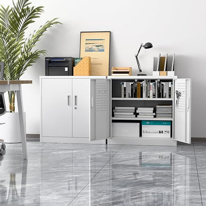 Aobabo 31.5" H Metal Storage Cabinet with 2 Shelves, Lockable Steel Cabinet with 4 Hooks for Home Office Garage, White, Assembly Required