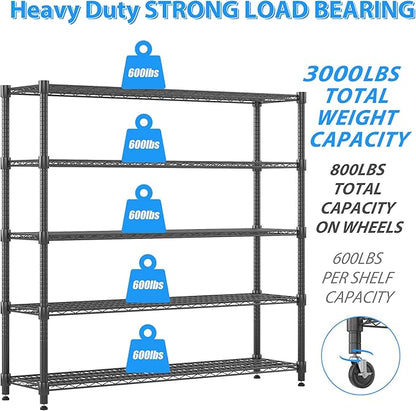 Homdox 5 Tier Heavy Duty Metal Wire Shelving with Wheels, 3000 lbs Capacity Garage Storage Rack, Rolling Industrial Storage, Adjustable Commercial Shelves for Kitchen, Warehouse, 18"x60"x82", Black