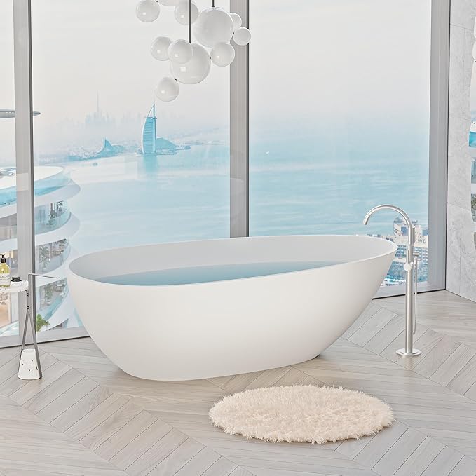 Abruzzo 59" Small Freestanding Bathtub Solid Surface - Egg Shape Stone Resin Soaking Tub with Overflow Drain, cUPC Certified Matte White, Compact Oval Tub for Limited Space Bathrooms