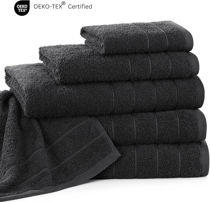 Casa Platino 100% Cotton Bathroom Towels Set - 24 Pcs - Ring Spun, Quick Dry, Soft & Absorbent - 2 Bath Sheets, 2 Gym, 2 Bath, 4 Fingertip, 6 Hand Towels, 8 Washcloths - Pre Shrunk - Black Towel Set