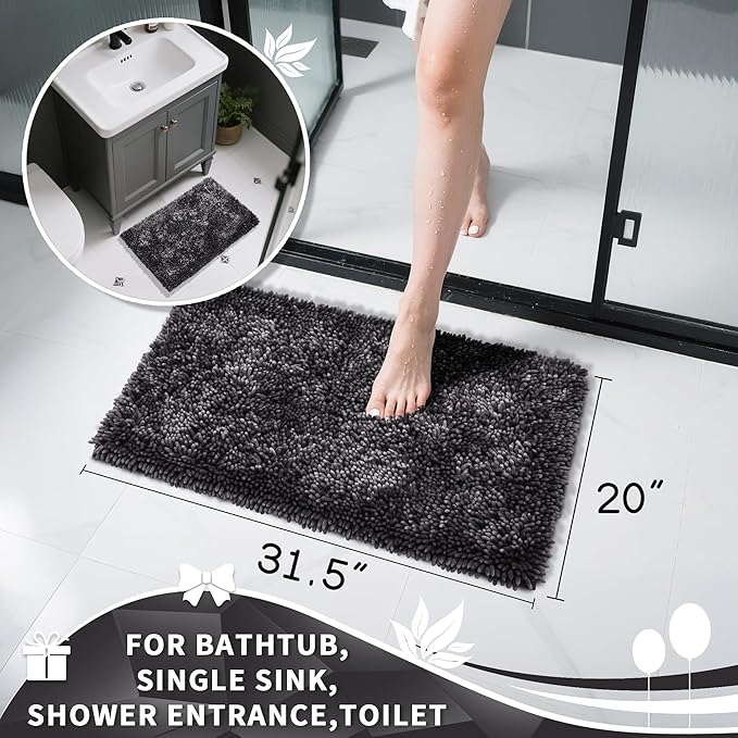 Yimobra Chenille Bathroom Rugs Non Slip, Extra Thick Soft Absorbent Bath Rug 31.5x20 Inch, Machine Washable Quick Dry Bath Mat for Bathroom Floor, Tub and Shower, Home Decor Accessories, Dark Grey