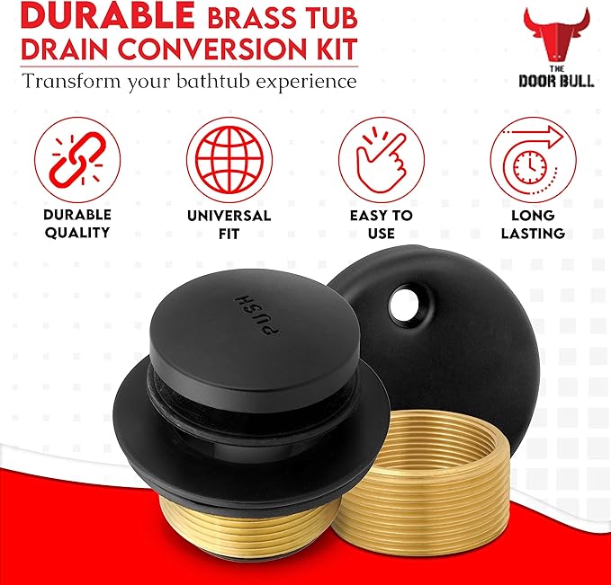 Tip-Toe Bathtub Drain Trim Kit with Two-Hole Overflow Faceplate – All Brass Tub Drain Stopper Replacement – Fits Fine or Coarse Thread Drain Shoe – Universal Tub Drain Assembly