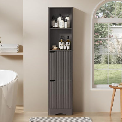 67" Tall Bathroom Organizer and Storage, Narrow Storage Cabinet with 2 Doors and 4 Shelves, Freestanding Floor Storage Unit,15.7" W x 11.8" D x 66.9" H, Grey