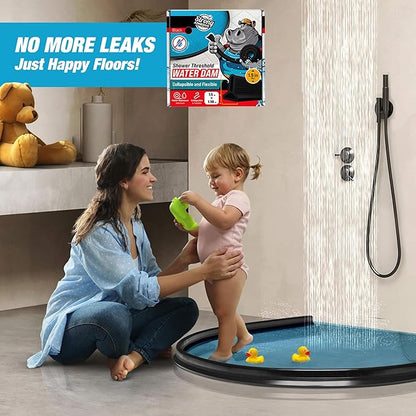 Shower Threshold Water Dam Barrier 98" - Black Collapsible Shower Water Blocker - Shower Guard for Walk in Shower - Water Guard Stopper for Floor - Shower Dam - 1.5" Tall - By Hippo Dam