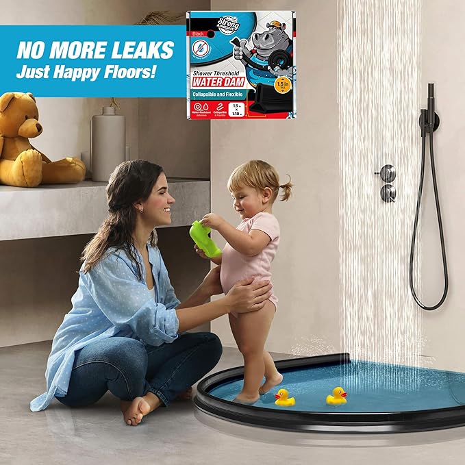Shower Threshold Water Dam Barrier 67" - Black Collapsible Shower Water Blocker - Shower Guard for Walk in Shower - Water Guard Stopper for Floor - Shower Dam - 1.5" Tall - By Hippo Dam