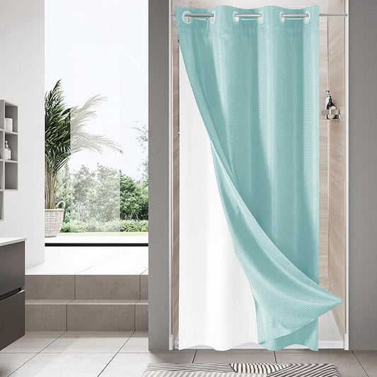 MitoVilla Teal Waffle Small Stall Shower Curtain Liner Set 36 x 74, No Hooks Required Half Size Narrow Fabric Cloth Shower Curtain Set with Snap-in Liner for Modern Bathroom Decor, Teal/Turquoise/Aqua