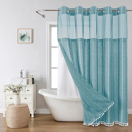 No Hook Long Shower Curtain Set with Snap-in Fabric Liner,Linen Textured Thick Striped Fabric with Tassels,Boho Farmhouse Rustic Luxury Bathroom Curtain,Water-Repellent,Teal,71x80
