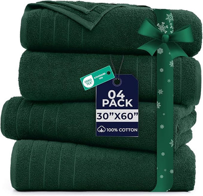 DAN River Extra Large Bath Towels Set of 4, 30 x 60 Inches - 100% Cotton Larger & Lighter Weight Towels for Bathroom - Quicker to Dry, Super Soft & Highly Absorbent Towels for Home, Hunter Green