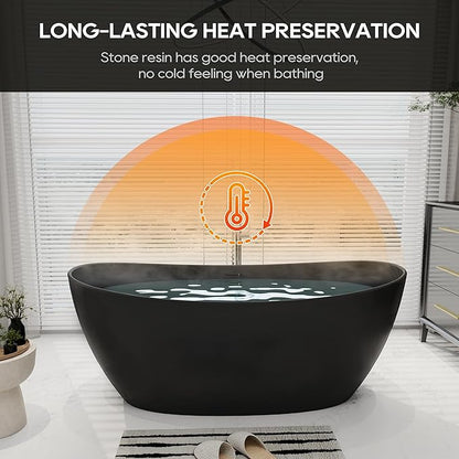 SJ STAR&JANE 65" Solid Surface Freestanding Bathtub Stone Resin Soaking Tub Matte Black Double Slippers Stand Alone Oval Tub with Pop-up Drain and Overflow for Bathroom