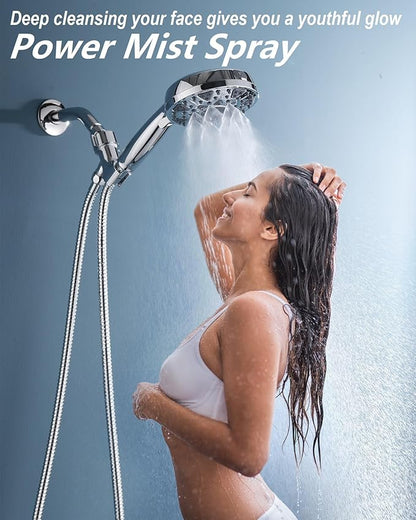 Shower Head With Handheld 7 Settings High Pressure, Built-in Power Wash to Clear Tub, Tile & Pets, 5" High Powerful Hand Held Rain Showerhead with Stainless Steel Hose and Adjustable Bracket