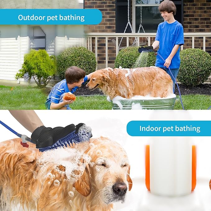 Dog Shower Attachment & Dog Washing Hose Attachment – The Ultimate Dog Wash Shower Attachment with Dog Bath Gloves & Scrubber for Grooming